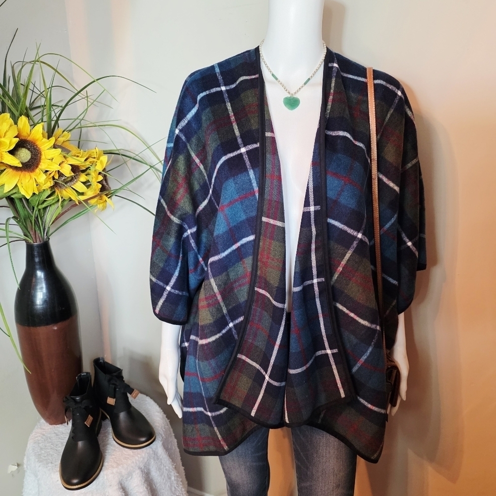 Vintage Tartan Plaid Open Front Poncho Sweater